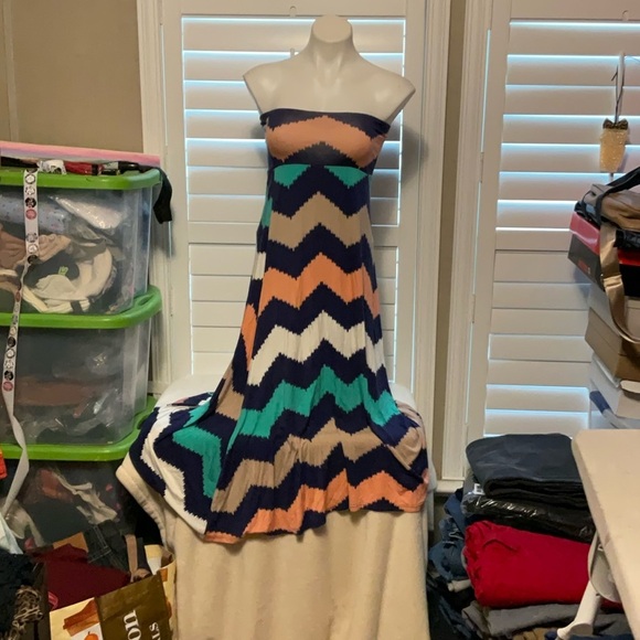 Love J Strapless Chevron Maxi Dress - Blue, Peach, Green - Picture 1 of 7